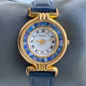 Vintage Fossil Ladies Wrist Watch Rare Blue Leather Band Analog Quartz Gold Tone